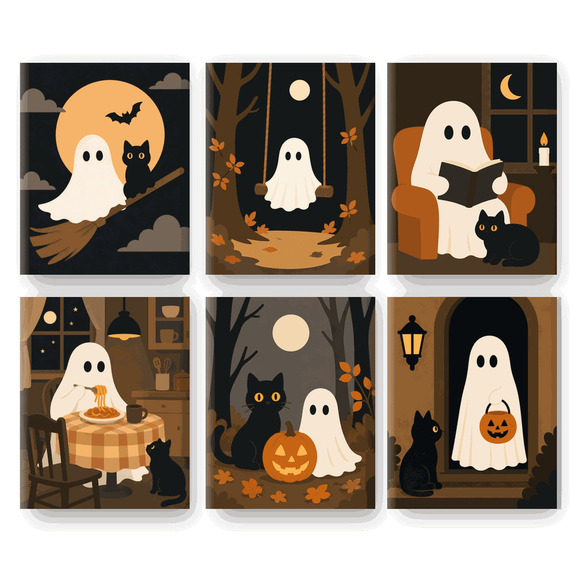 Coffret 6 peintures par numéro Petits Contes de Fantômes – fantômes sur balai, balançoire, fauteuil et dîner – Maison Artsen