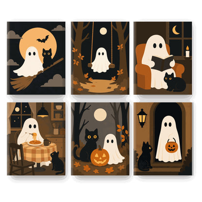Coffret 6 peintures par numéro Petits Contes de Fantômes – fantômes sur balai, balançoire, fauteuil et dîner – Maison Artsen