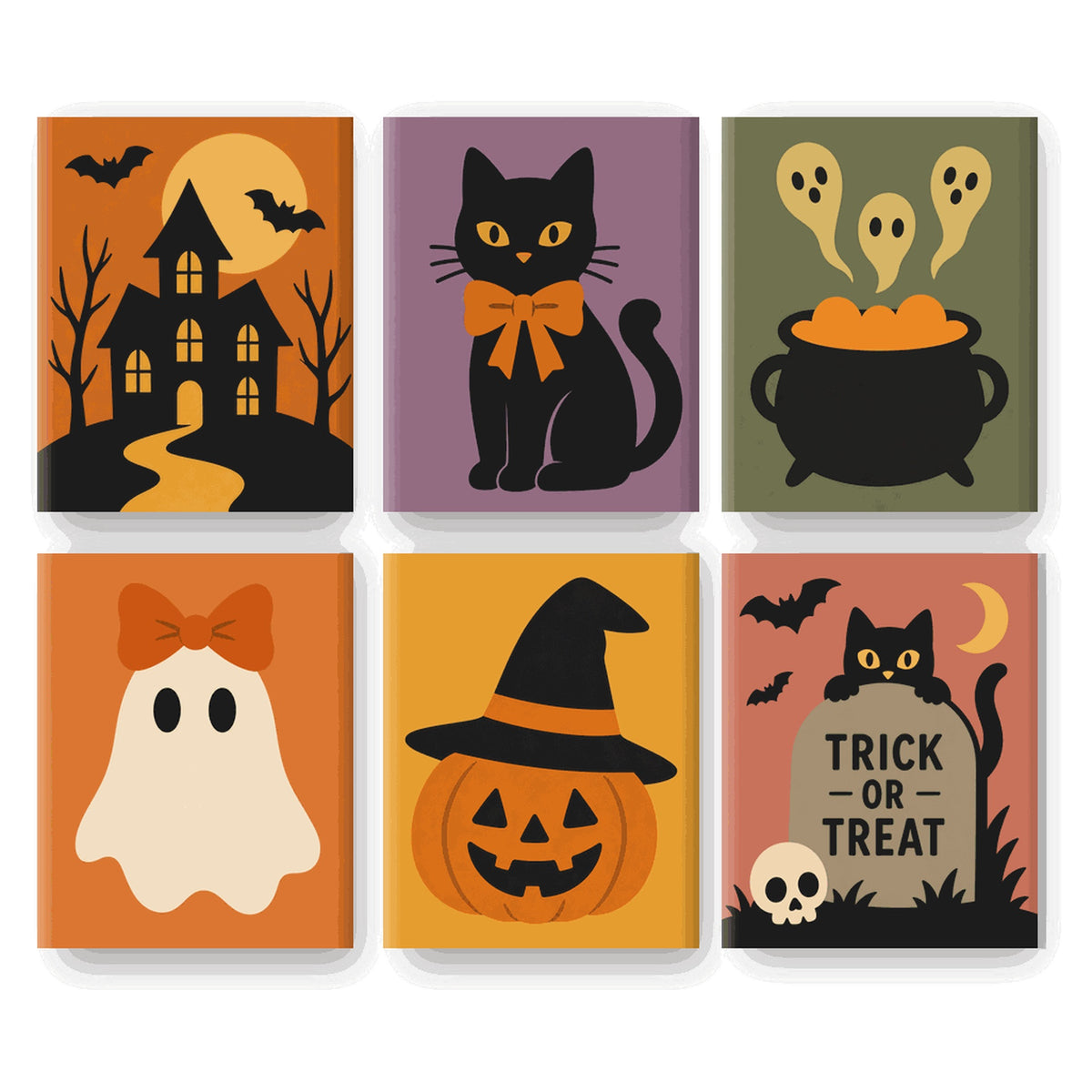 Coffret 6 peintures par numéro Petits Mignons d'Octobre – chat à nœud, fantômes, citrouille à chapeau et manoir – Maison Artsen