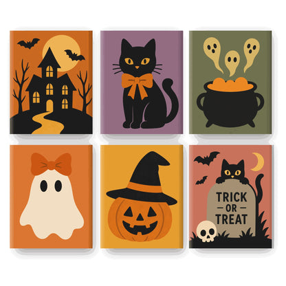Coffret 6 peintures par numéro Petits Mignons d'Octobre – chat à nœud, fantômes, citrouille à chapeau et manoir – Maison Artsen