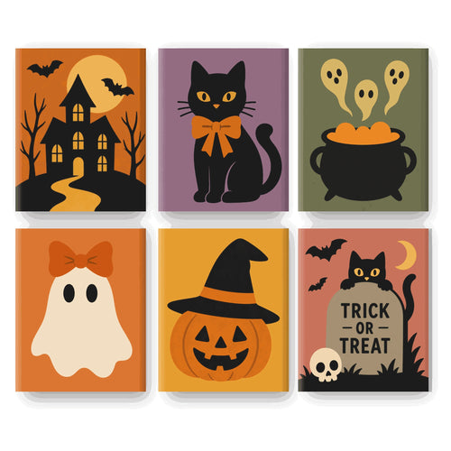 Coffret 6 peintures par numéro Petits Mignons d'Octobre – chat à nœud, fantômes, citrouille à chapeau et manoir – Maison Artsen