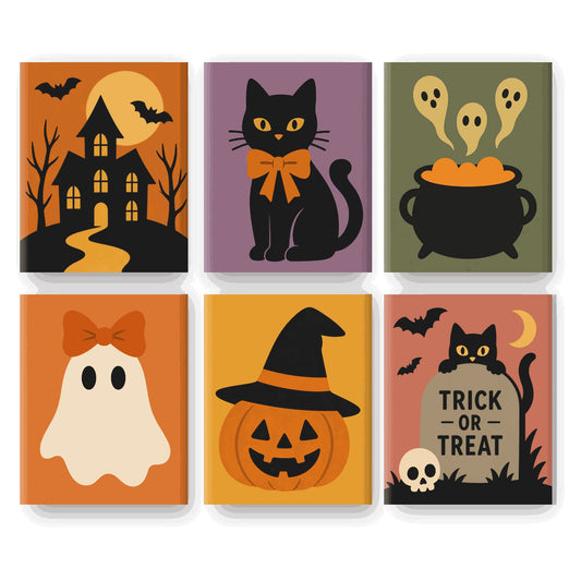 Coffret 6 peintures par numéro Petits Mignons d'Octobre – chat à nœud, fantômes, citrouille à chapeau et manoir – Maison Artsen