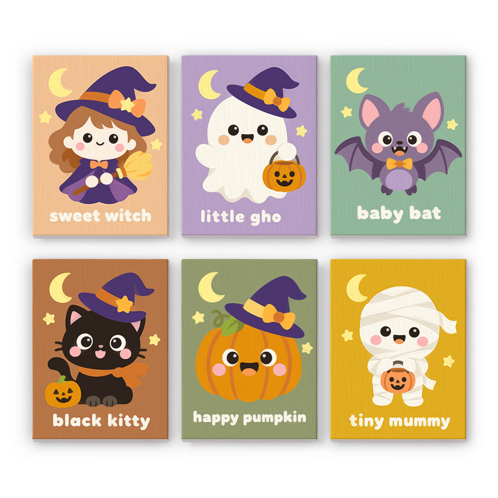 Coffret 6 peintures par numéro Petits Trésors Kawaii, sorcière, fantôme, chauve-souris, chat noir, citrouille et momie, Maison Artsen
