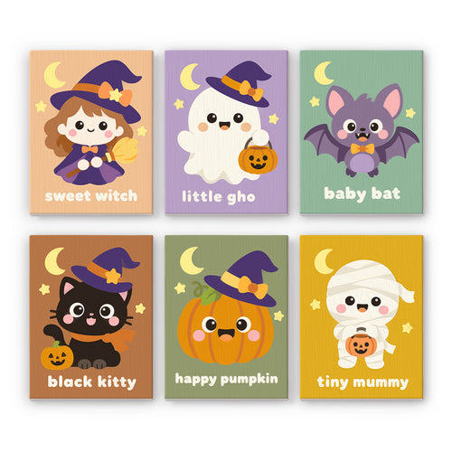 Coffret 6 peintures par numéro Petits Trésors Kawaii, sorcière, fantôme, chauve-souris, chat noir, citrouille et momie, Maison Artsen