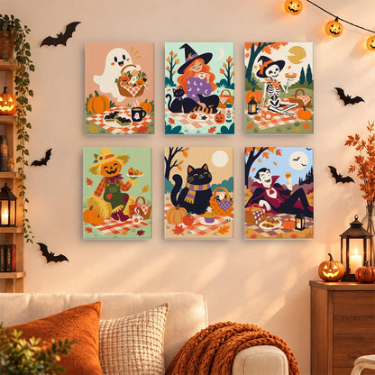 Coffret 6 mini-toiles Pique-nique d'Octobre accrochées dans un salon décoré pour Halloween, Maison Artsen