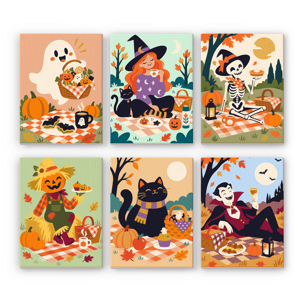 Coffret 6 peintures par numéro Pique-nique d'Octobre, sorcière, squelette, vampire, fantôme et chat noir sur des nappes, Maison Artsen