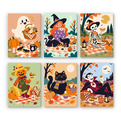 Coffret 6 peintures par numéro Pique-nique d'Octobre, sorcière, squelette, vampire, fantôme et chat noir sur des nappes, Maison Artsen