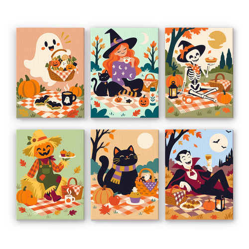 Coffret 6 peintures par numéro Pique-nique d'Octobre, sorcière, squelette, vampire, fantôme et chat noir sur des nappes, Maison Artsen