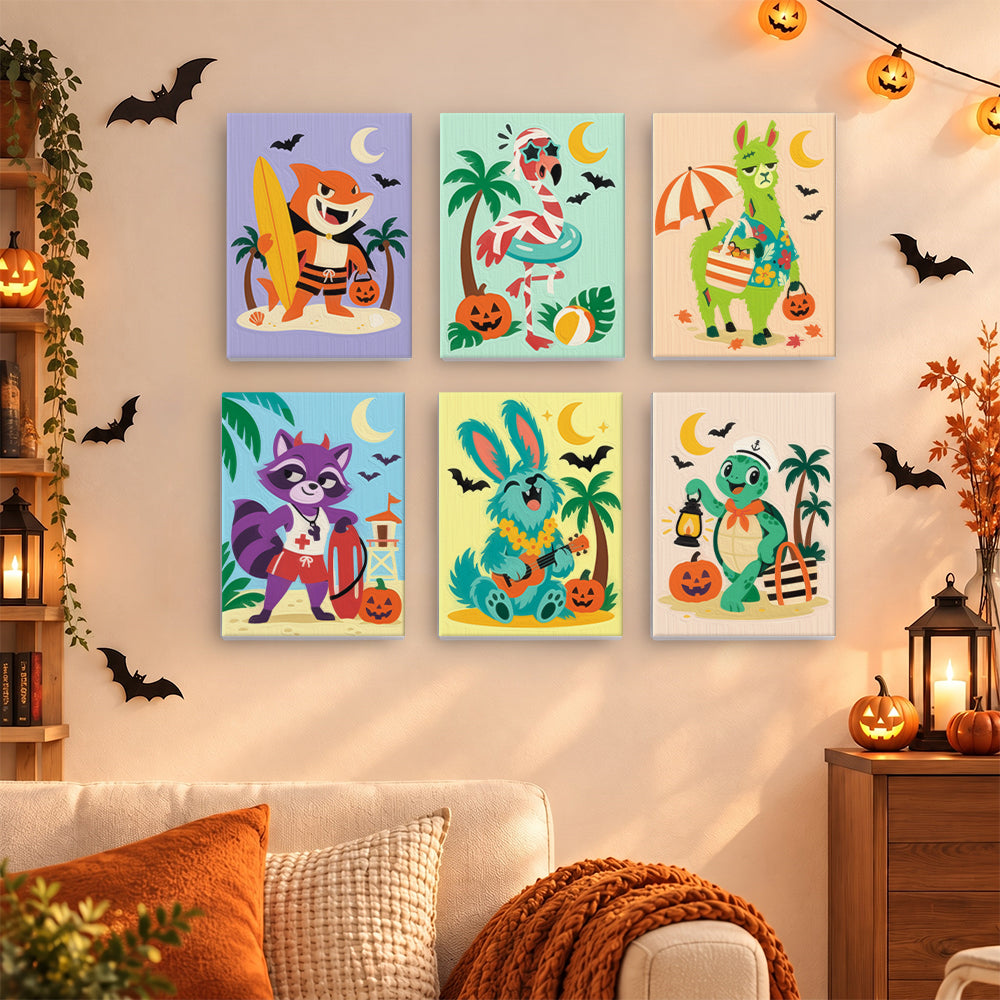 Coffret 6 mini-toiles Plage Costumée accrochées dans un salon décoré pour Halloween, Maison Artsen