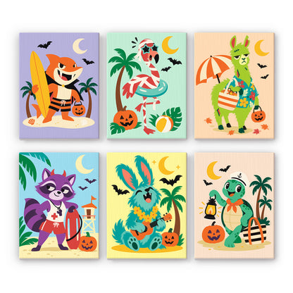 Coffret 6 peintures par numéro Plage Costumée, animaux costumés en vacances à la plage, Maison Artsen