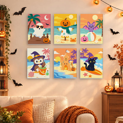 Coffret 6 mini-toiles Plage d'Octobre accrochées dans un salon décoré pour Halloween, Maison Artsen