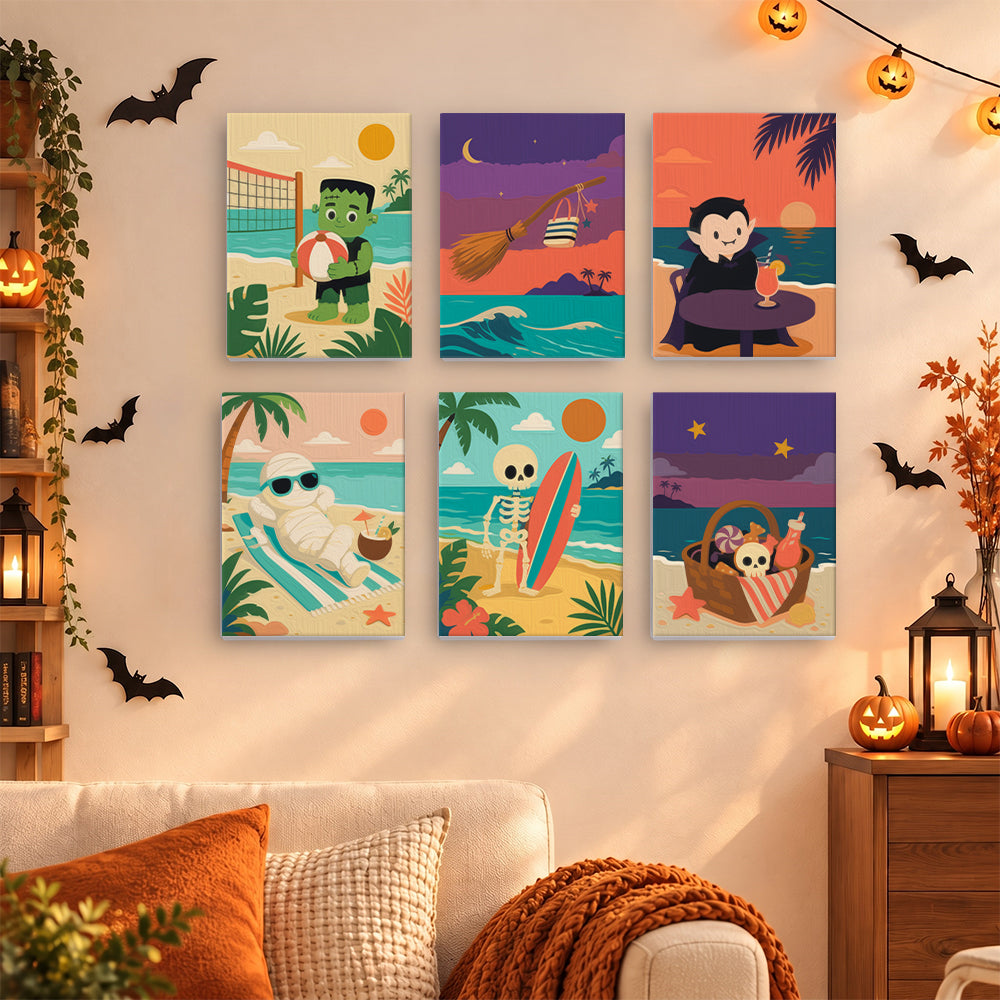 Coffret 6 mini-toiles Plage des Monstres accrochées dans un salon décoré pour Halloween, Maison Artsen