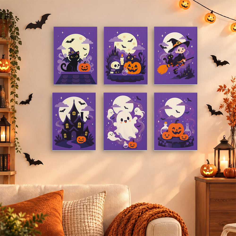 Coffret 6 mini-toiles Pleine Lune Violette accrochées dans un salon décoré pour Halloween, Maison Artsen