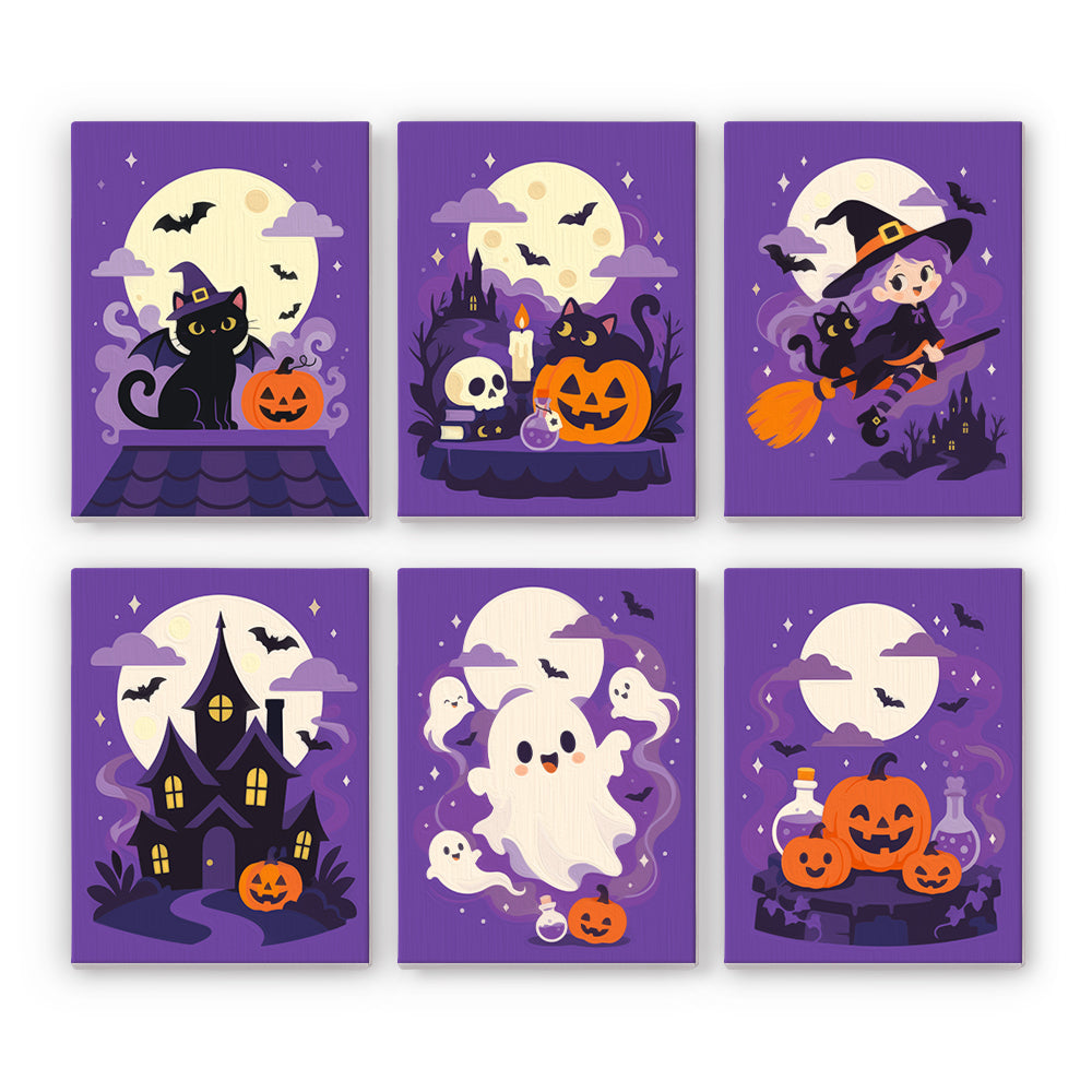 Coffret 6 peintures par numéro Pleine Lune Violette, chat noir, sorcière, manoir, fantômes et potions sur fond violet, Maison Artsen