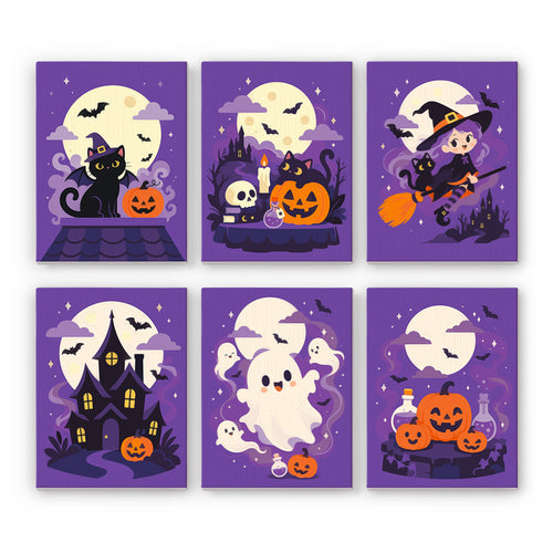 Coffret 6 peintures par numéro Pleine Lune Violette, chat noir, sorcière, manoir, fantômes et potions sur fond violet, Maison Artsen