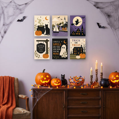 Coffret 6 mini-toiles Port des Sorcières accrochées dans un salon décoré pour Halloween — Maison Artsen