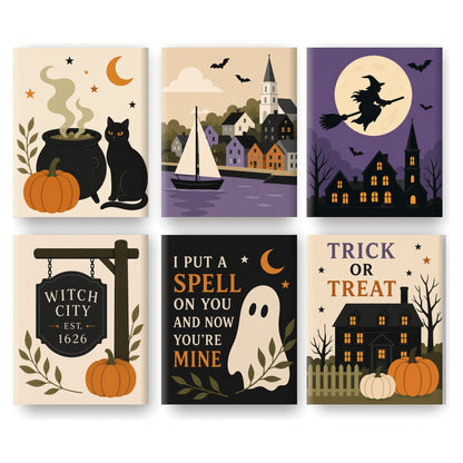 Coffret 6 peintures par numéro Port des Sorcières – chaudron, port au voilier, sorcière et maison sombre – Maison Artsen