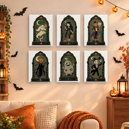 Coffret 6 mini-toiles Portraits Gothiques accrochées dans un salon décoré pour Halloween, Maison Artsen