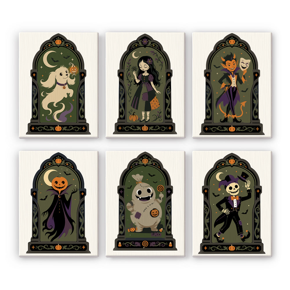 Coffret 6 peintures par numéro Portraits Gothiques, chien fantôme, diable masqué et squelette bouffon sous arches gothiques, Maison Artsen