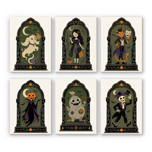 Coffret 6 peintures par numéro Portraits Gothiques, chien fantôme, diable masqué et squelette bouffon sous arches gothiques, Maison Artsen