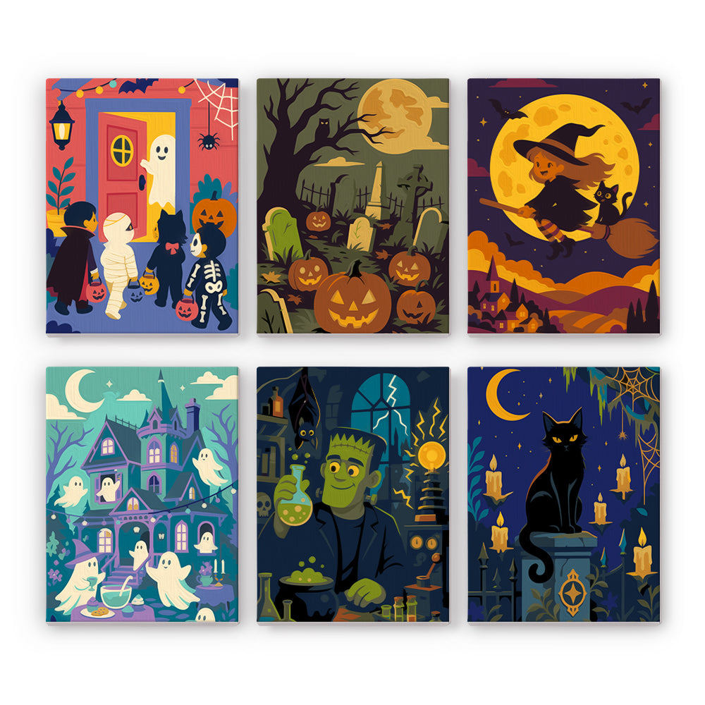 Coffret 6 peintures par numéro Quartier des Frissons, enfants déguisés, sorcière, fantômes, monstre vert et chat noir, Maison Artsen
