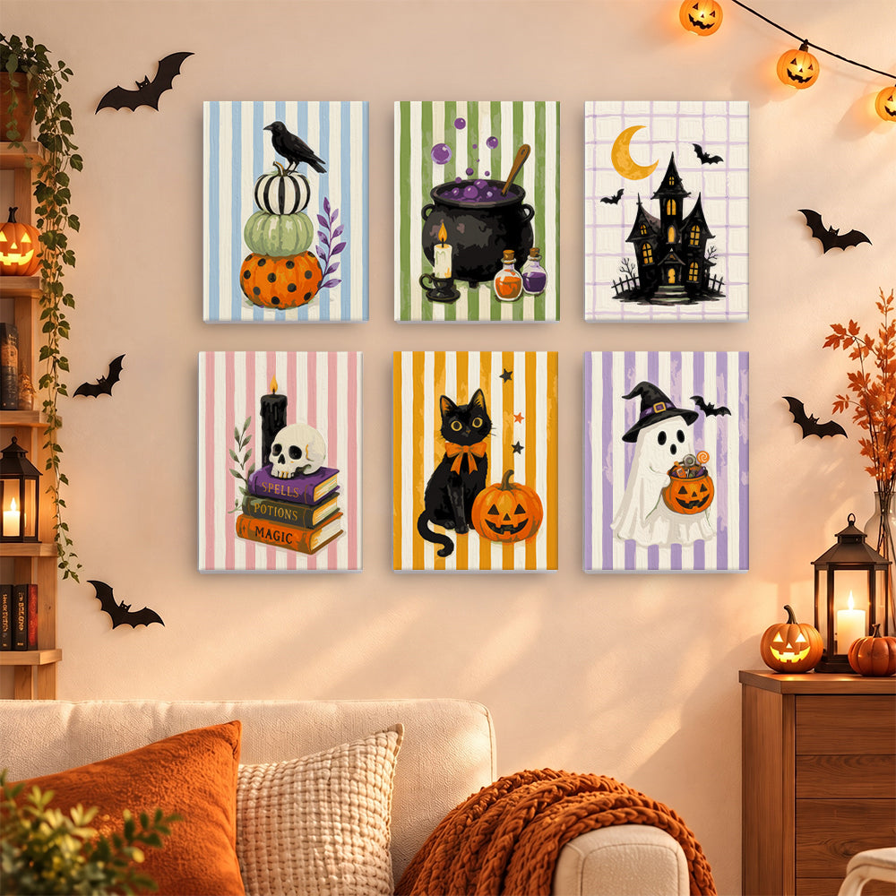 Coffret 6 mini-toiles Rayures Ensorcelées accrochées dans un salon décoré pour Halloween, Maison Artsen