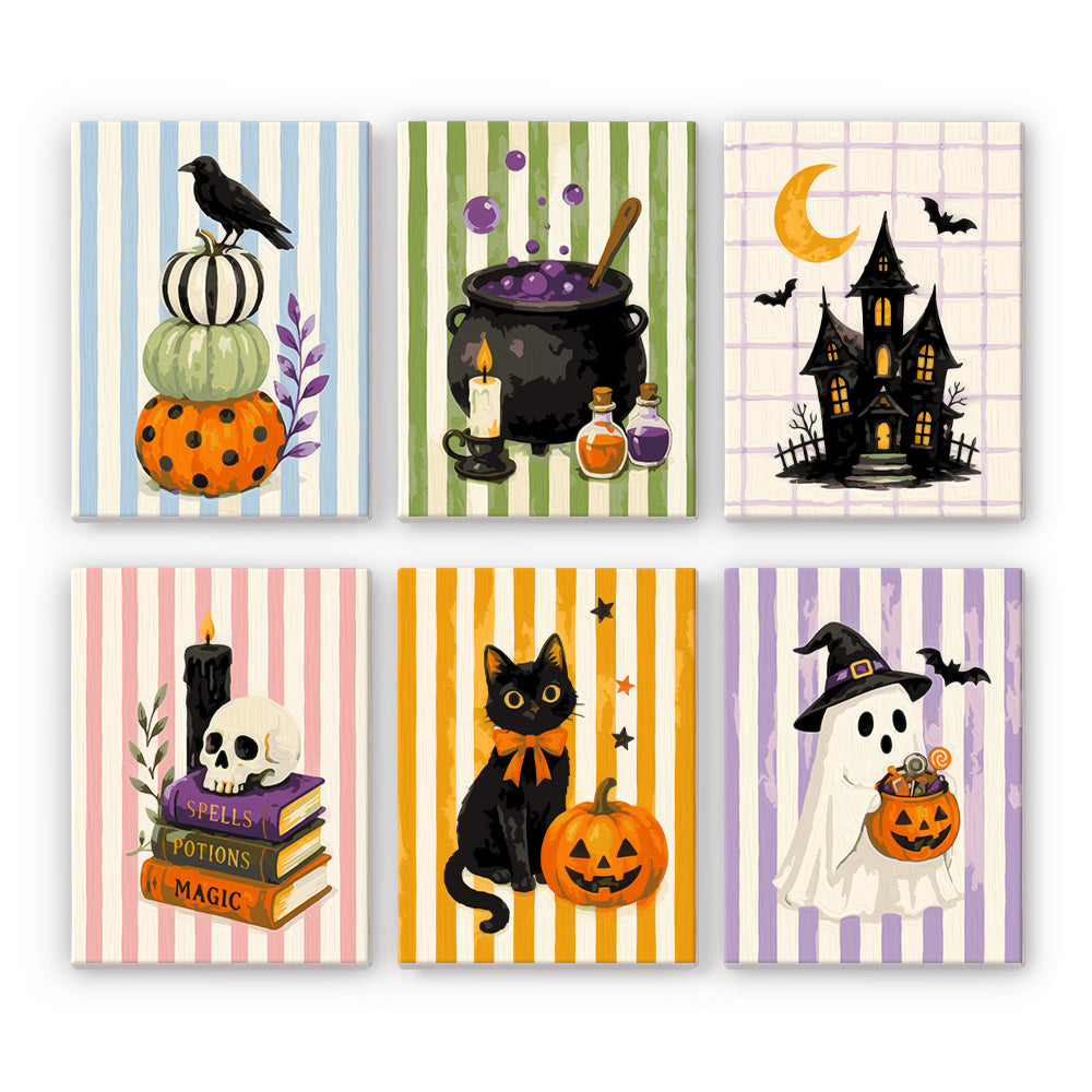 Coffret 6 peintures par numéro Rayures Ensorcelées, corbeau, chaudron, manoir et chat noir sur rayures, Maison Artsen