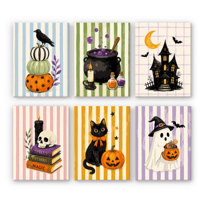 Coffret 6 peintures par numéro Rayures Ensorcelées, corbeau, chaudron, manoir et chat noir sur rayures, Maison Artsen
