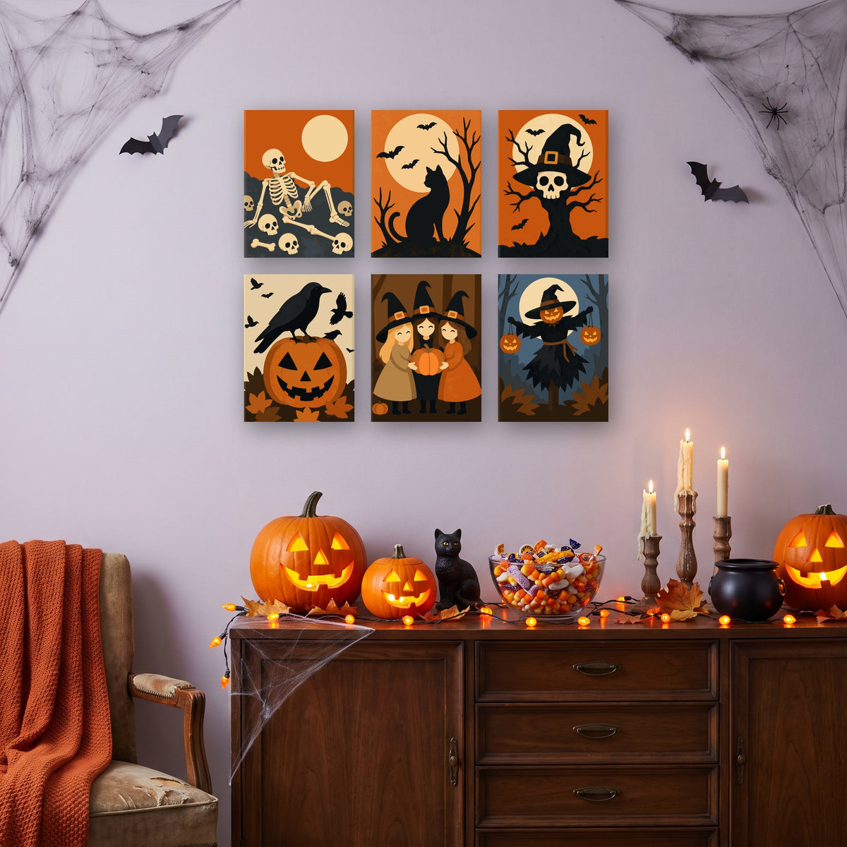 Coffret 6 mini-toiles Récolte Hantée accrochées dans un salon décoré pour Halloween — Maison Artsen