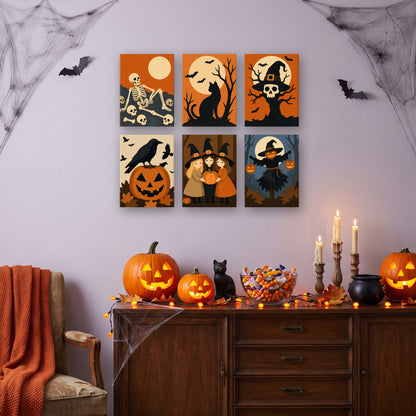 Coffret 6 mini-toiles Récolte Hantée accrochées dans un salon décoré pour Halloween — Maison Artsen