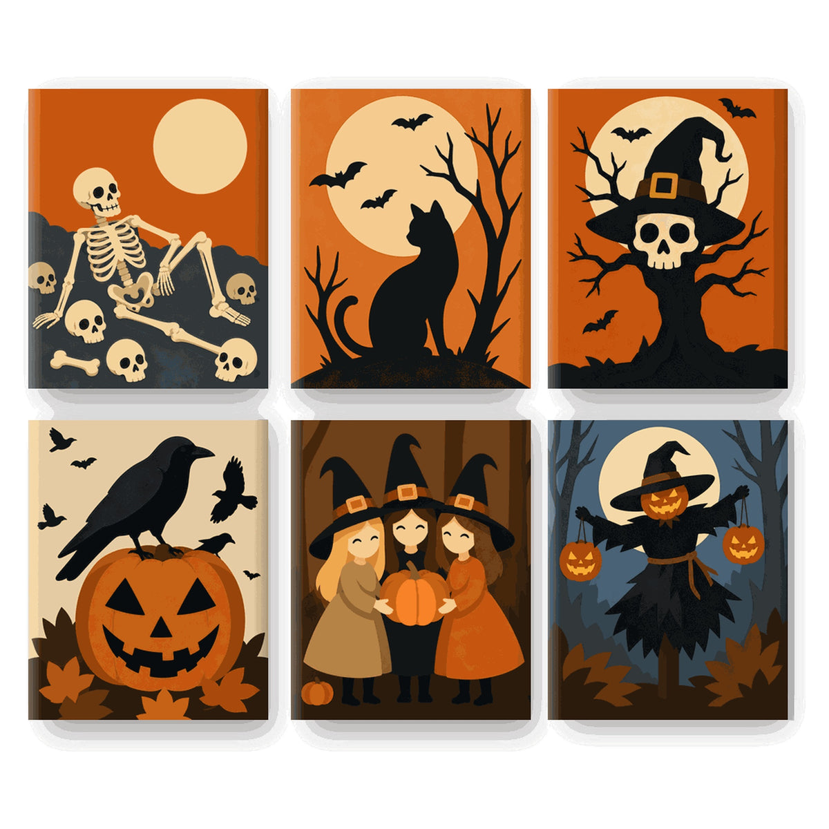 Coffret 6 peintures par numéro Récolte Hantée – sorcières, corbeau et épouvantail sous la pleine lune – Maison Artsen