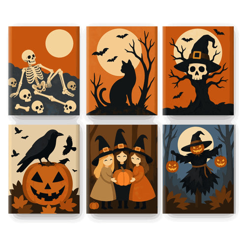 Coffret 6 peintures par numéro Récolte Hantée – sorcières, corbeau et épouvantail sous la pleine lune – Maison Artsen