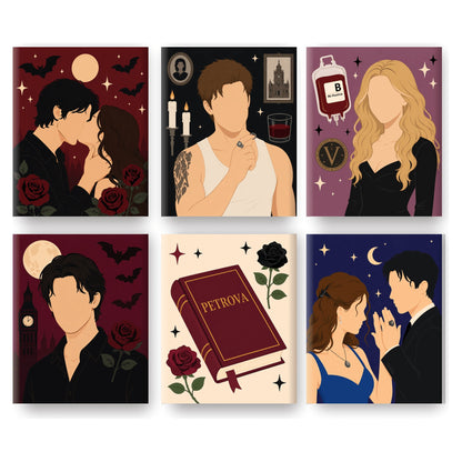Coffret 6 peintures par numéro Romance de Vampires – couples de vampires, roses rouges et pleine lune – Maison Artsen