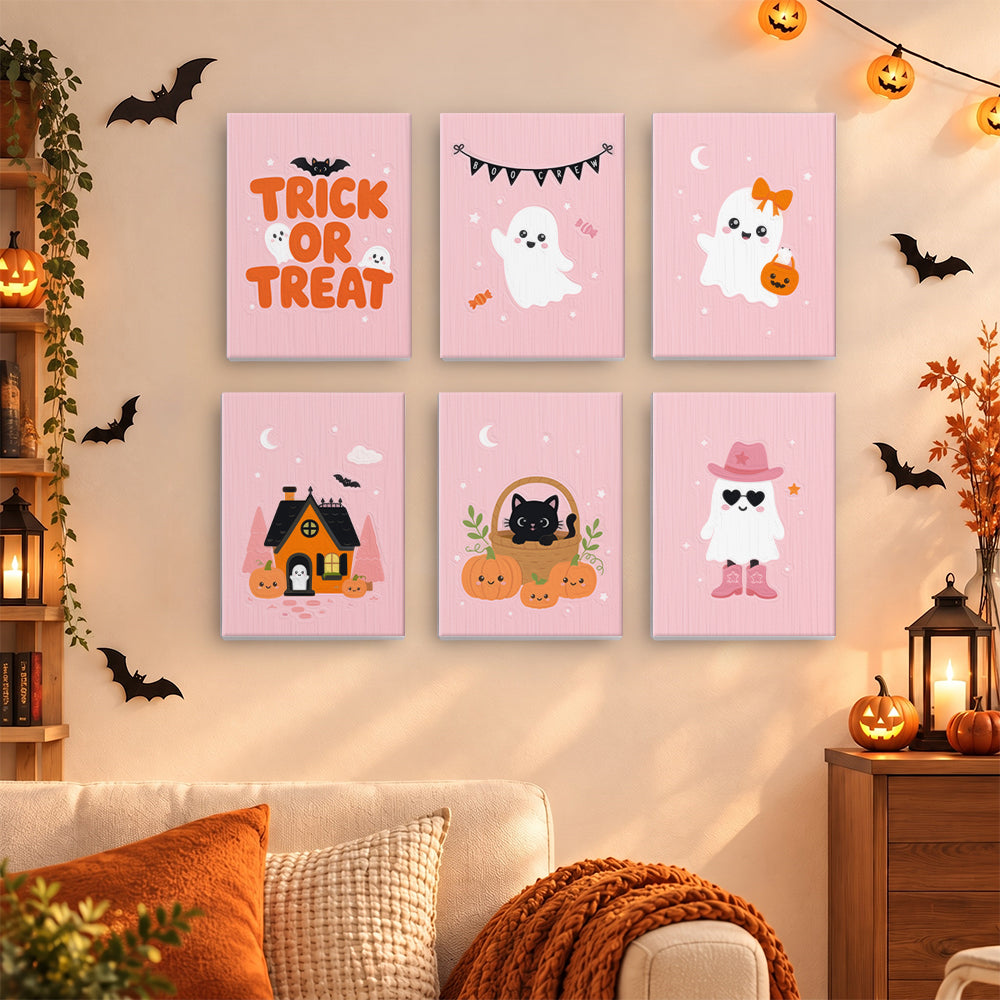 Coffret 6 mini-toiles Rose Poudré accrochées dans un salon décoré pour Halloween, Maison Artsen