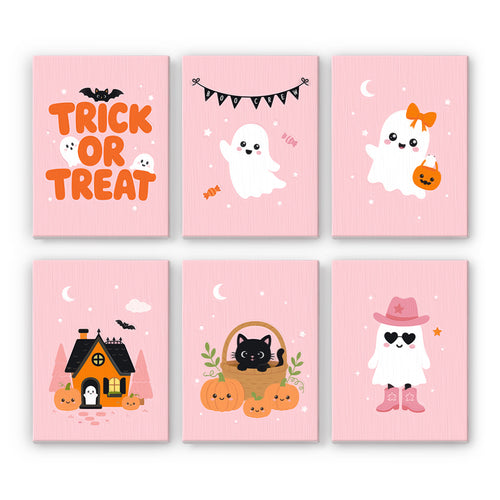 Coffret 6 peintures par numéro Rose Poudré, fantômes, chat noir et citrouilles sur fond rose, Maison Artsen