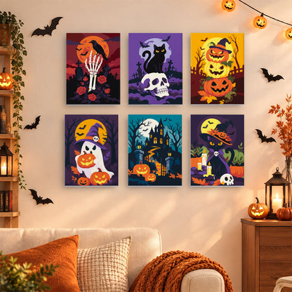 Coffret 6 mini-toiles Roses Noires d'Halloween accrochées dans un salon décoré pour Halloween, Maison Artsen