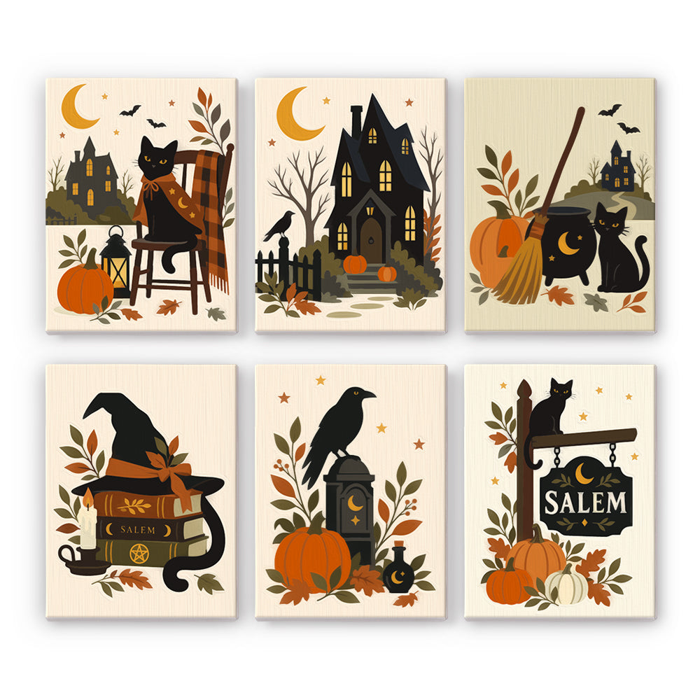 Coffret 6 peintures par numéro Ruelles de Salem, chats noirs, corbeau, manoir hanté, citrouilles et grimoires, Maison Artsen
