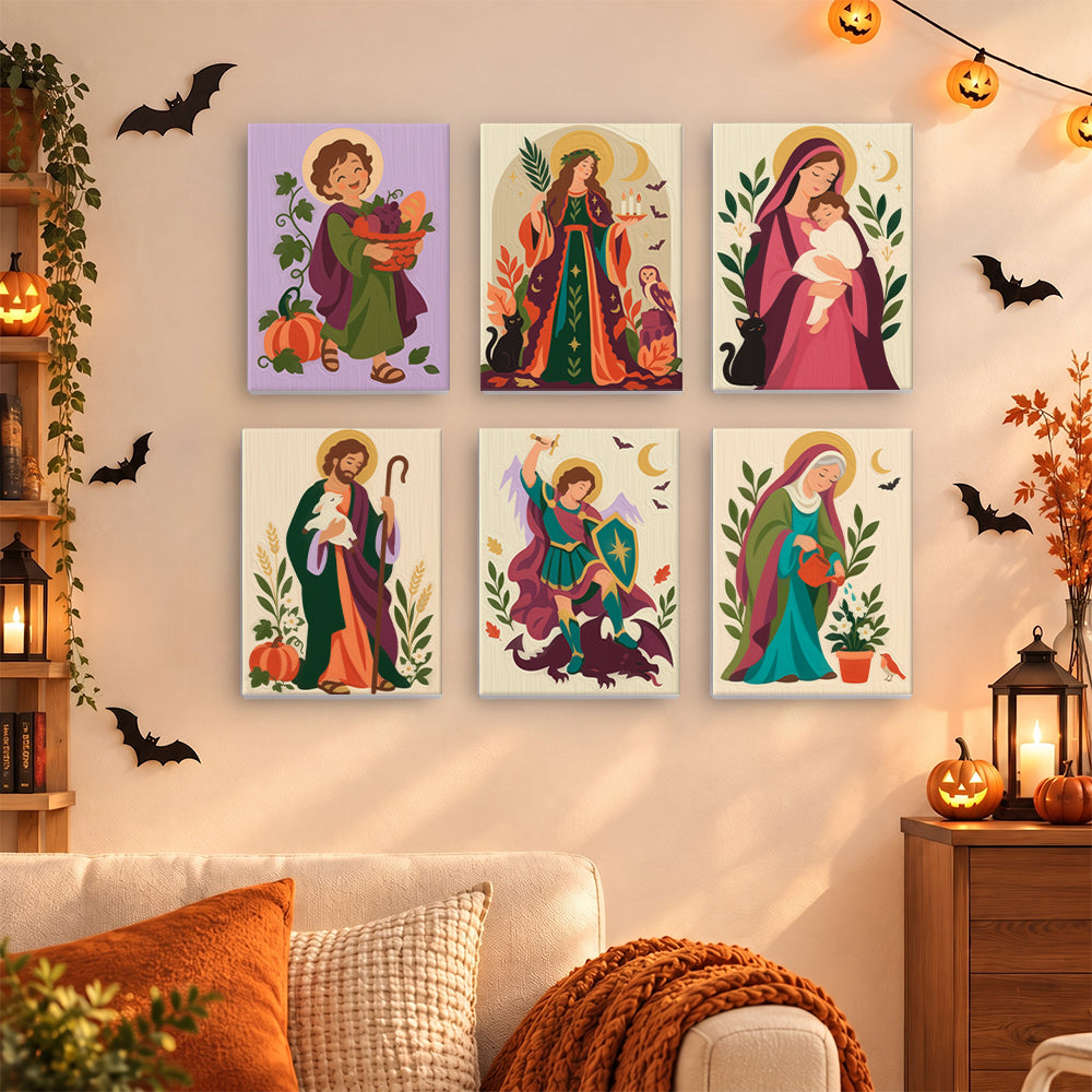 Coffret 6 mini-toiles Saints de la Récolte accrochées dans un salon décoré pour Halloween, Maison Artsen
