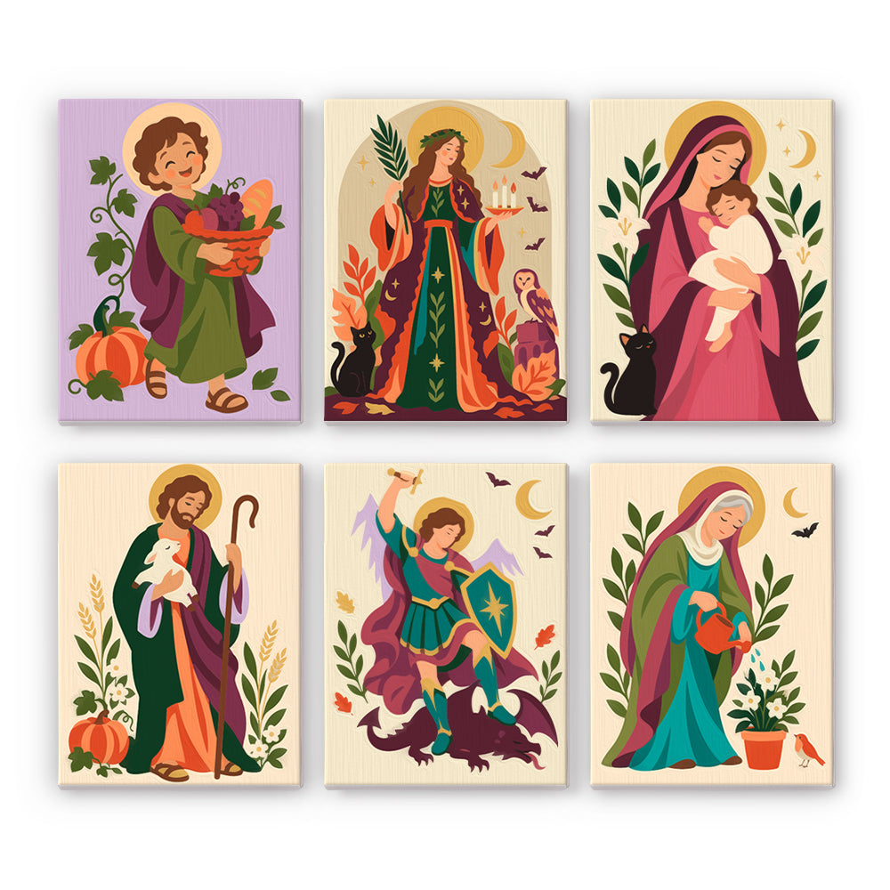 Coffret 6 peintures par numéro Saints de la Récolte, saints et saintes parmi les citrouilles, fleurs et animaux, Maison Artsen