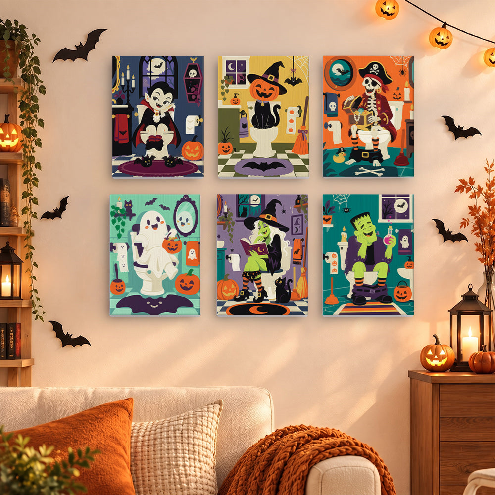 Coffret 6 mini-toiles Salle de Bains Hantée accrochées dans un salon décoré pour Halloween, Maison Artsen