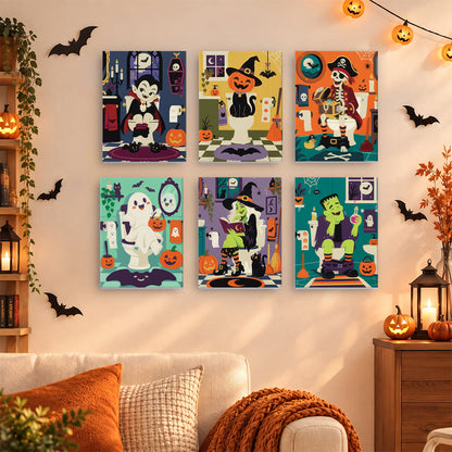 Coffret 6 mini-toiles Salle de Bains Hantée accrochées dans un salon décoré pour Halloween, Maison Artsen