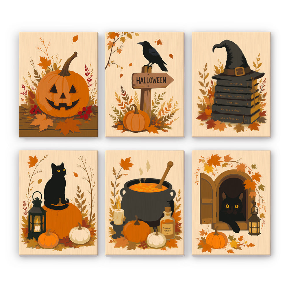 Coffret 6 peintures par numéro Sentier des Citrouilles, citrouille, corbeau, chat noir et chaudron d'automne, Maison Artsen