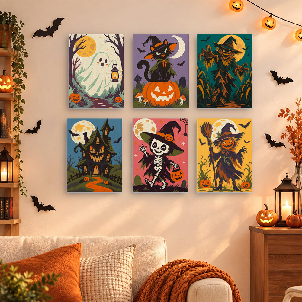 Coffret 6 mini-toiles Sentiers Hantés accrochées dans un salon décoré pour Halloween, Maison Artsen