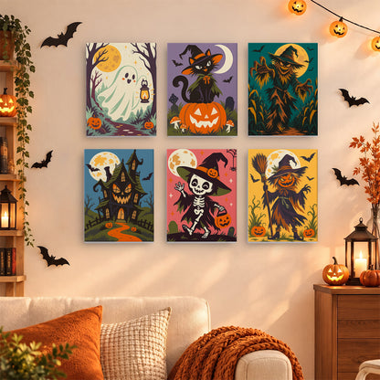 Coffret 6 mini-toiles Sentiers Hantés accrochées dans un salon décoré pour Halloween, Maison Artsen