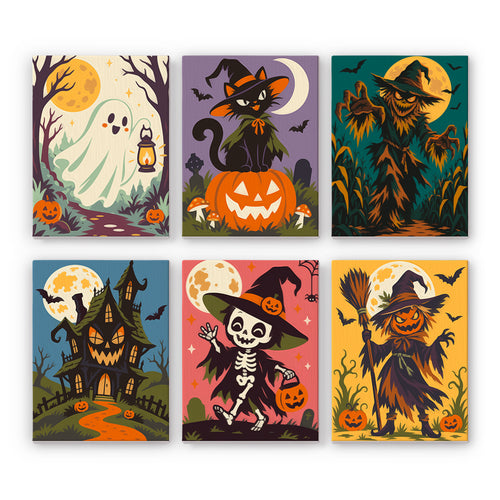 Coffret 6 peintures par numéro Sentiers Hantés, fantôme à lanterne, épouvantails, maison hantée et chat noir, Maison Artsen