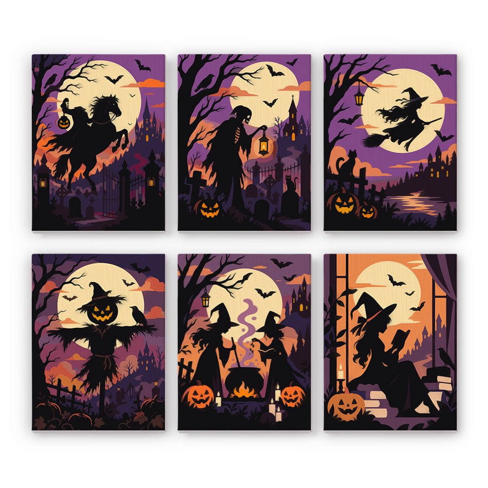 Coffret 6 peintures par numéro Silhouettes de Minuit, silhouettes de sorcières, épouvantail et cavalier sous la pleine lune, Maison Artsen
