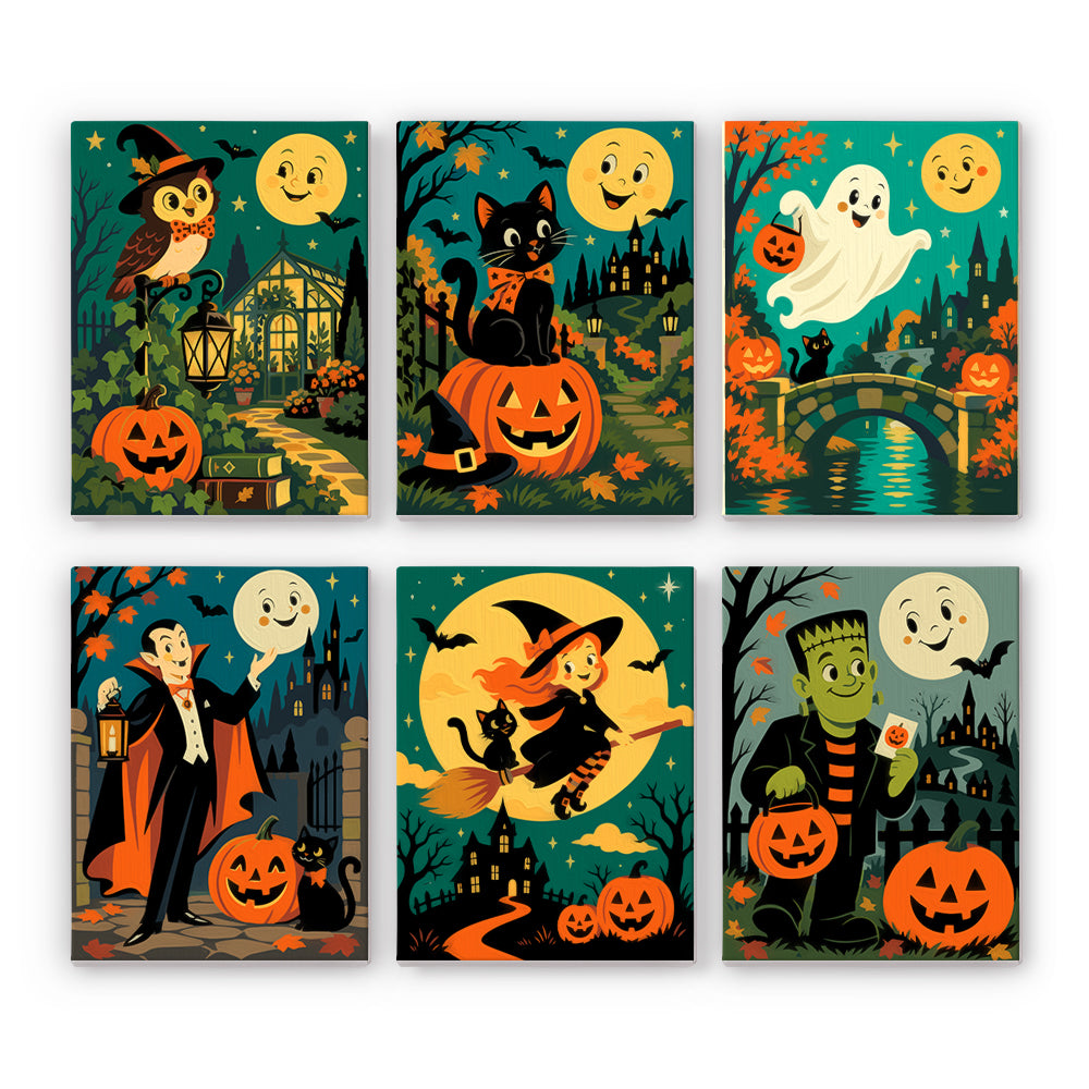 Coffret 6 peintures par numéro Soirée de la Lune Rieuse, hibou, vampire, sorcière en balai et monstre vert, Maison Artsen