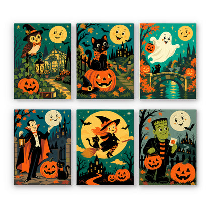 Coffret 6 peintures par numéro Soirée de la Lune Rieuse, hibou, vampire, sorcière en balai et monstre vert, Maison Artsen