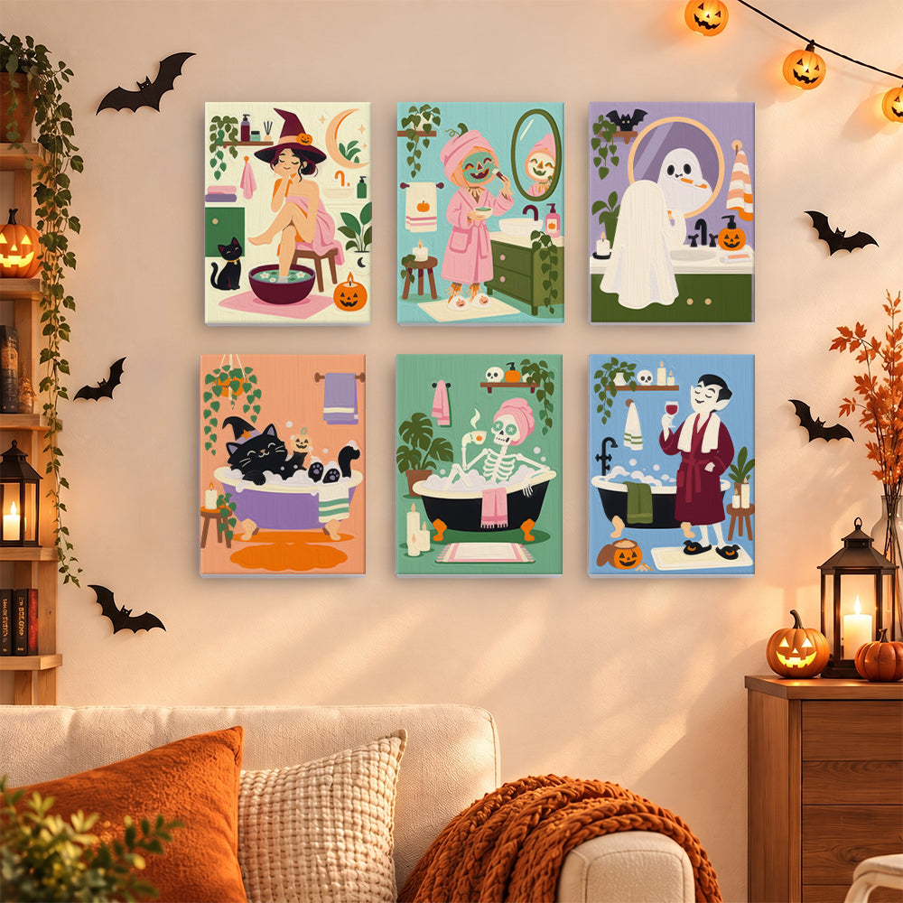 Coffret 6 mini-toiles Spa des Monstres accrochées dans un salon décoré pour Halloween, Maison Artsen
