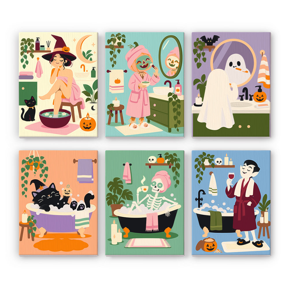 Coffret 6 peintures par numéro Spa des Monstres, sorcière, fantôme, squelette et vampire en pleine détente, Maison Artsen
